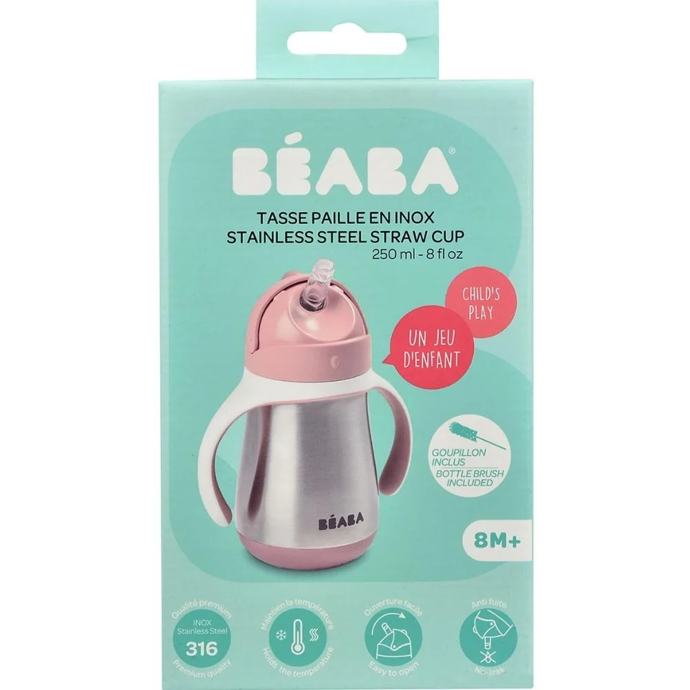 Beaba Steel drypfri kopflaske med sugerør 250 ml gammelrosa
