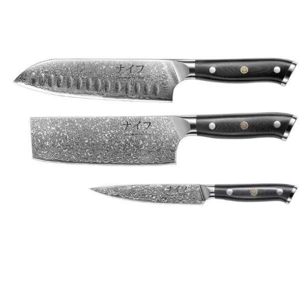 Damascus Hâws Santoku, Grøntsags & Utility kniv - 3 stk.