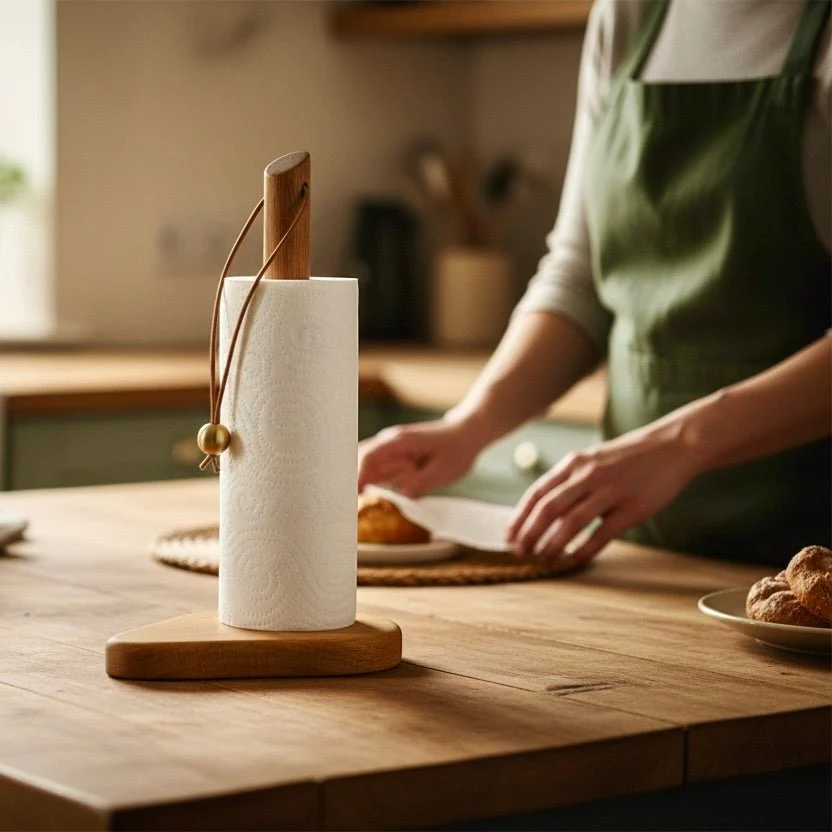 Køkkenrulleholder “Svanen” – massiv eg, læder og messing. Flat Cap Furniture