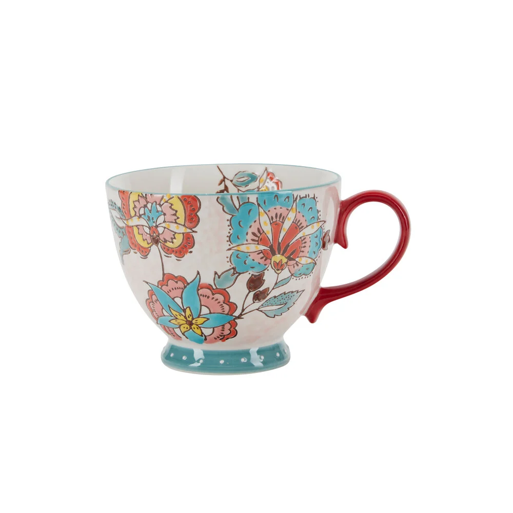 Håndmalet krus med blomster, rød - H9 cm.