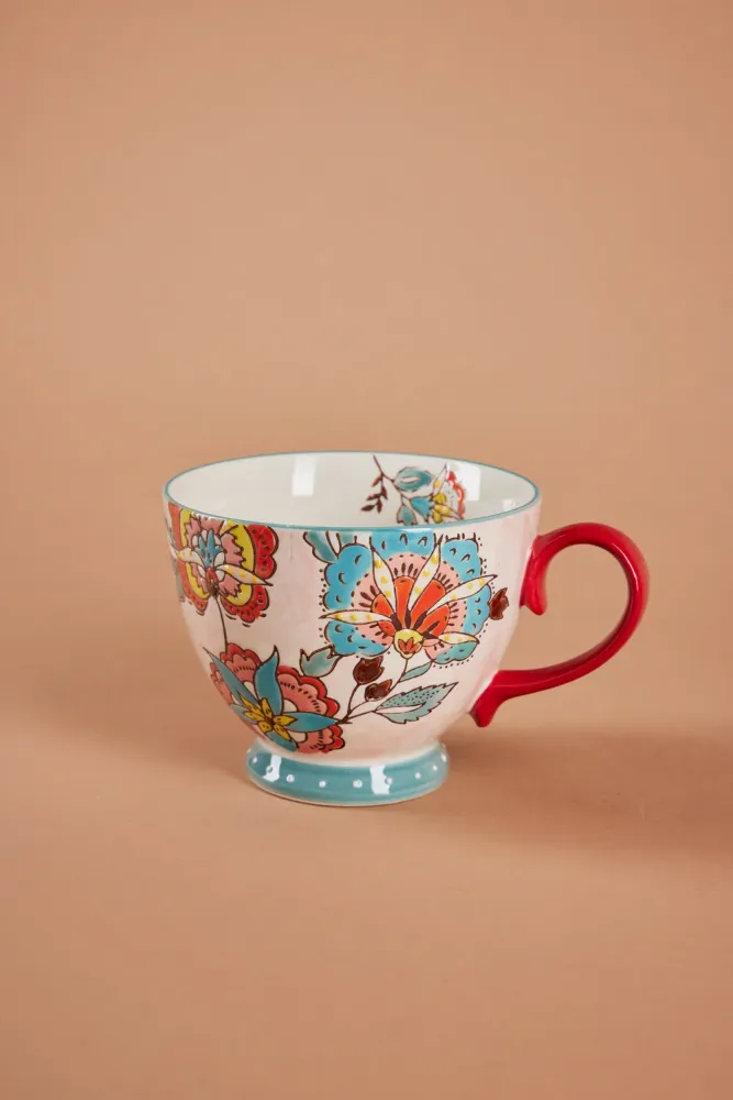 Håndmalet krus med blomster, rød - H9 cm.