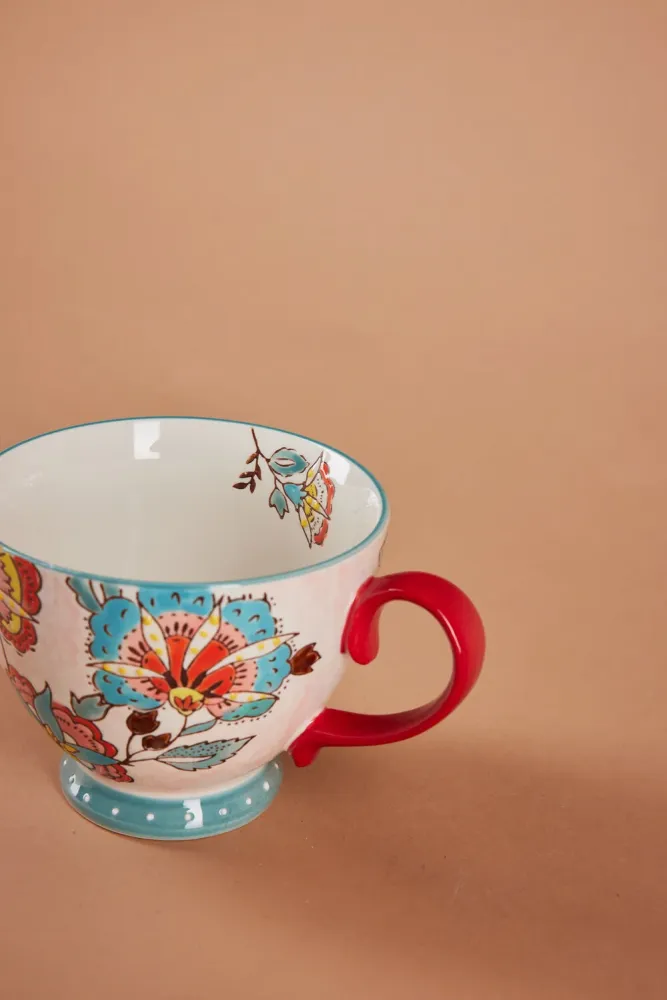 Håndmalet krus med blomster, rød - H9 cm.