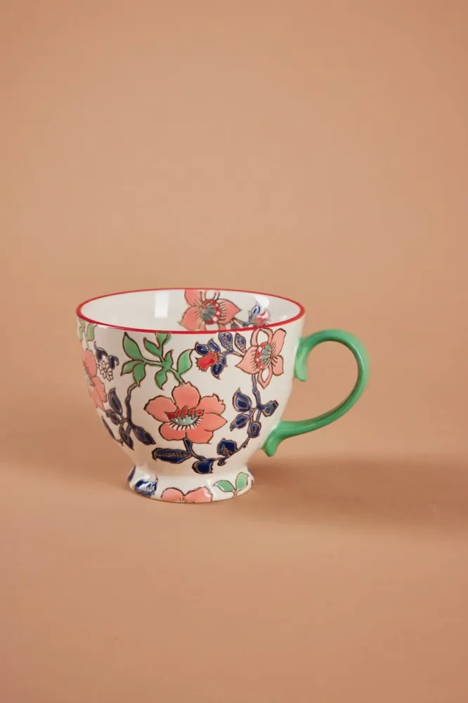 Håndmalet krus med blomster, grøn - H9 cm.
