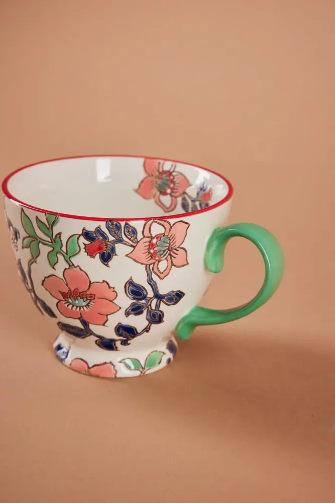 Håndmalet krus med blomster, grøn - H9 cm.