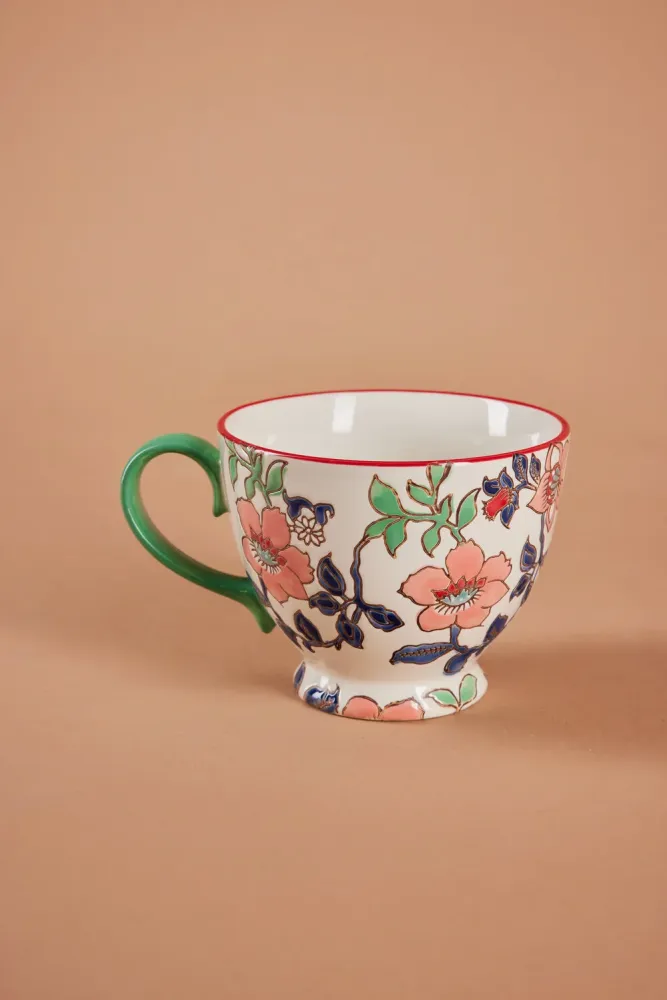 Håndmalet krus med blomster, grøn - H9 cm.