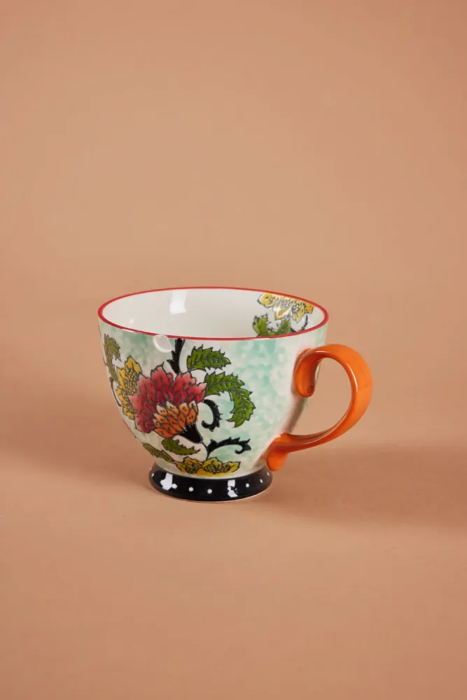Håndmalet krus med blomster, orange - H9 cm.