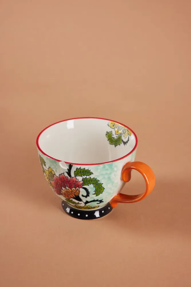 Håndmalet krus med blomster, orange - H9 cm.