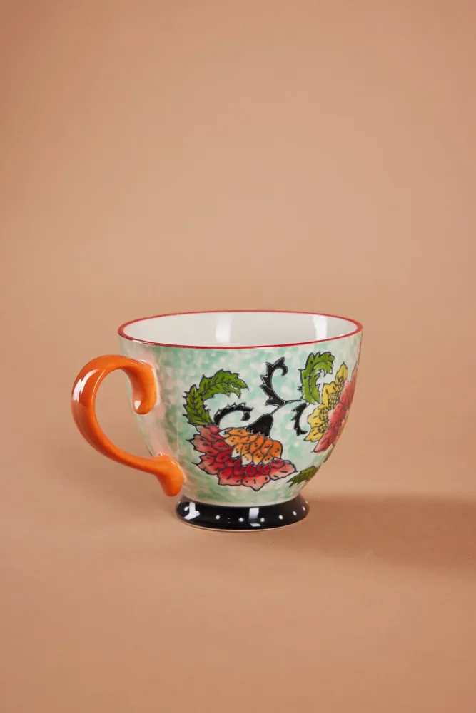 Håndmalet krus med blomster, orange - H9 cm.