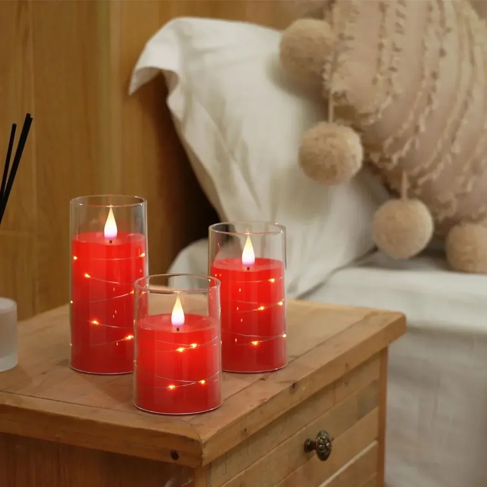 LED Flameless Candles | Glass Cylinder Set String Lights Blue