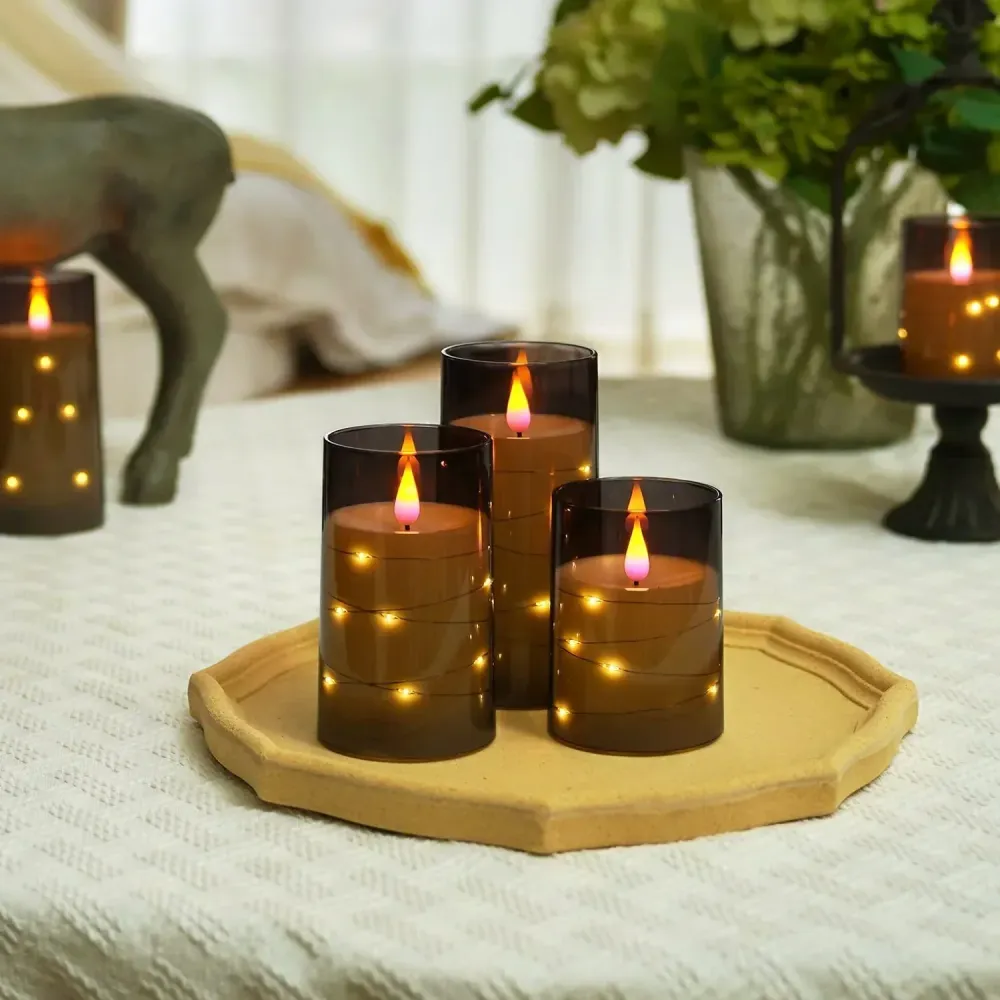 LED Flameless Candles | Glass Cylinder Set String Lights Blue