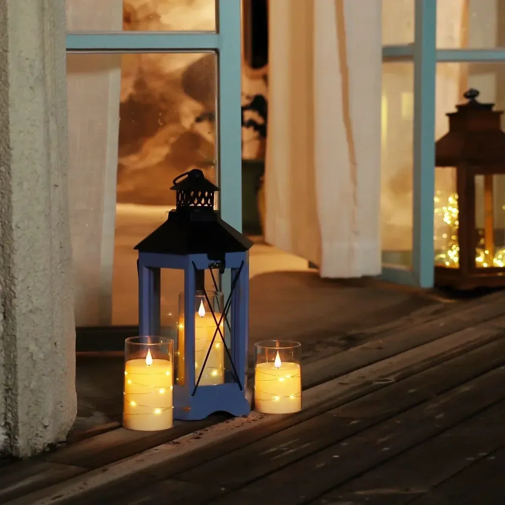 LED Flameless Candles | Glass Cylinder Set String Lights Blue