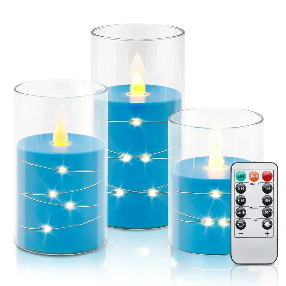 LED Flameless Candles | Glass Cylinder Set String Lights Blue