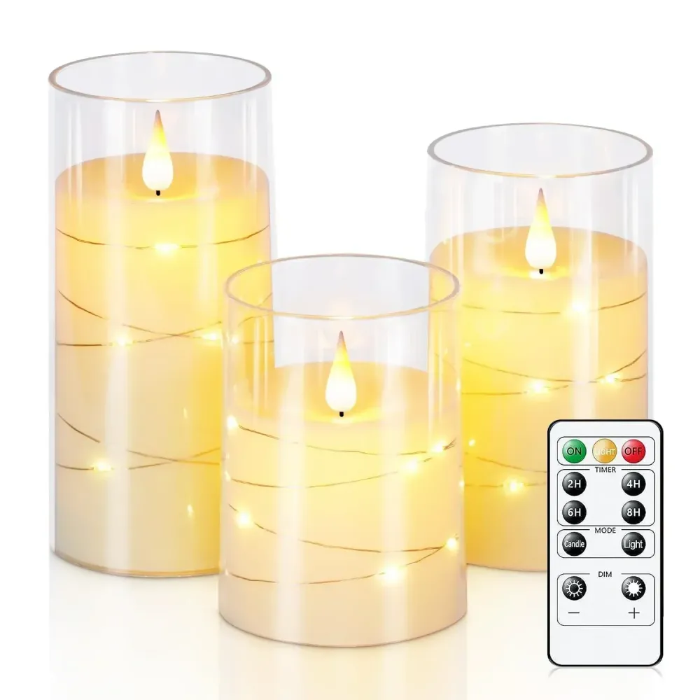 LED Flameless Candles | Glass Cylinder Set String Lights Blue