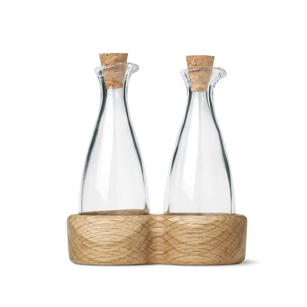 Olie- og eddikeflaske, eg - H: 15 cm.