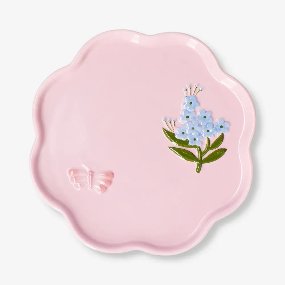 Pink blomstertallerken med sommerfugl - 18 cm
