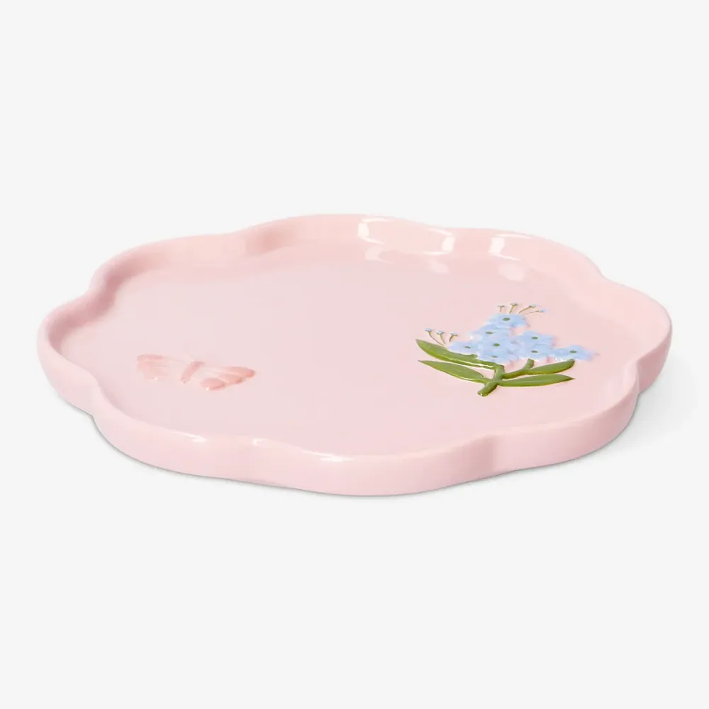 Pink blomstertallerken med sommerfugl - 18 cm