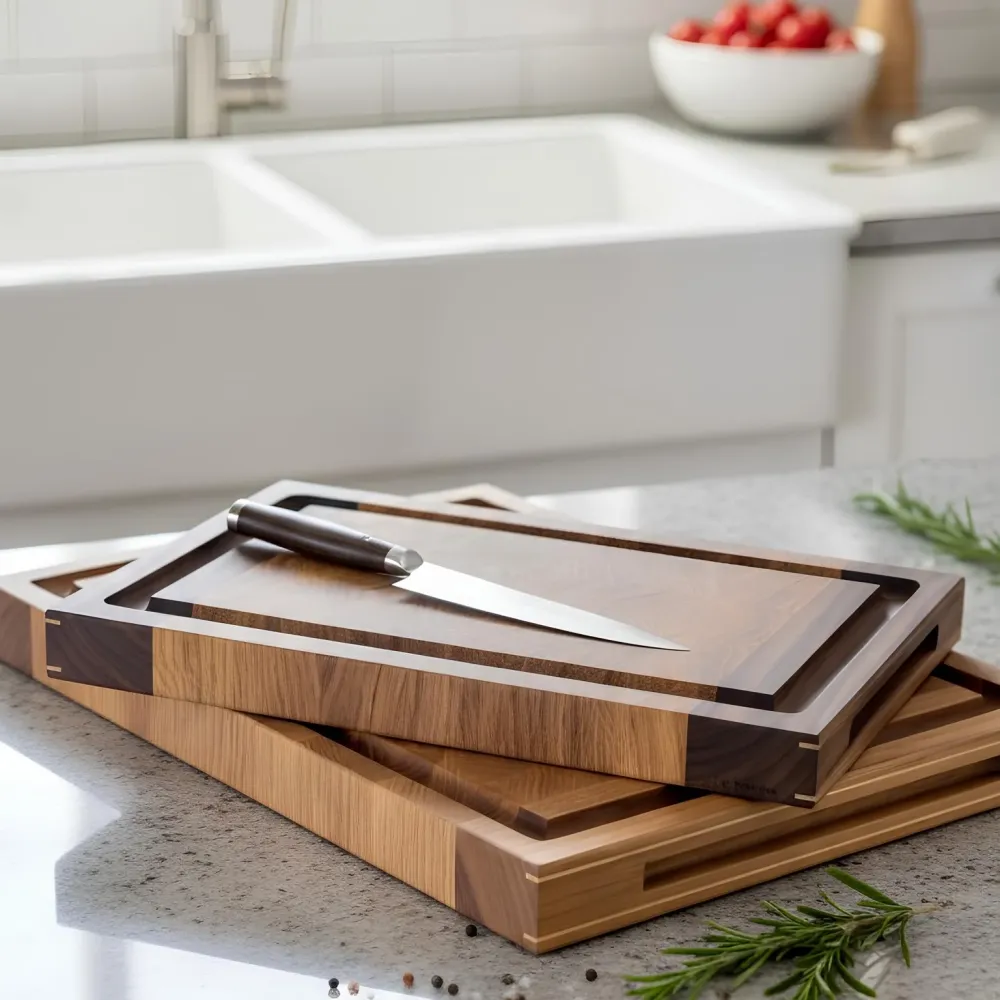 Chefs Board - 5 cm tykt skærebræt med kerne i endetræ og retvendt håndgreb med messingdetaljer. Størrelser fra 30x20 cm -...