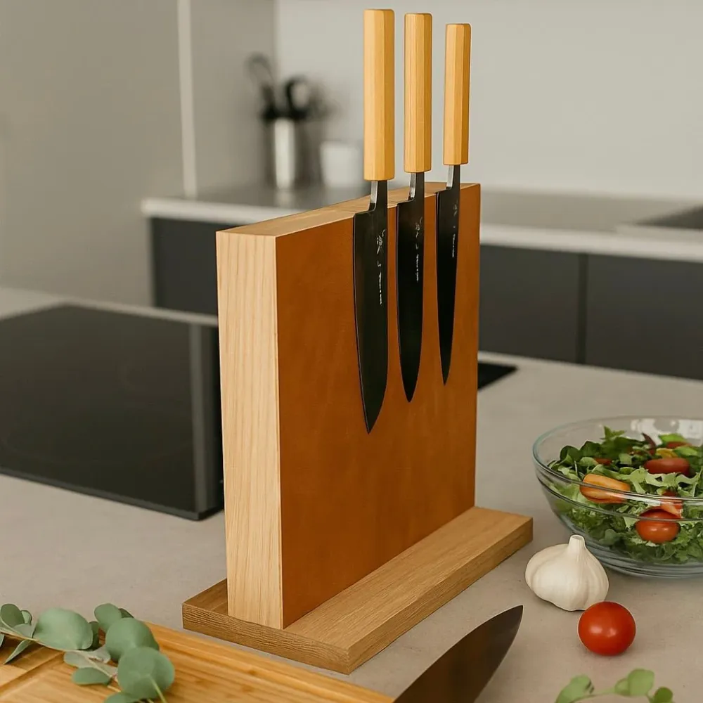 Leather Block - 15 eller 25 cm bred dobbeltsidet magnetisk knivblok beklædt med Italiensk læder. Højde 30 cm. Rune-Jakobse...