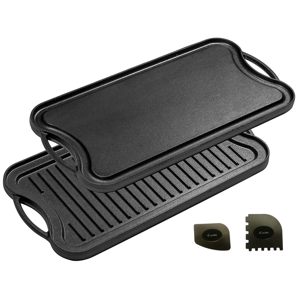 Støbejerns grillpande (20" x 10"/51 cm x 26 cm), vendbar, grill- og pandekombination, passer over to kogeplader