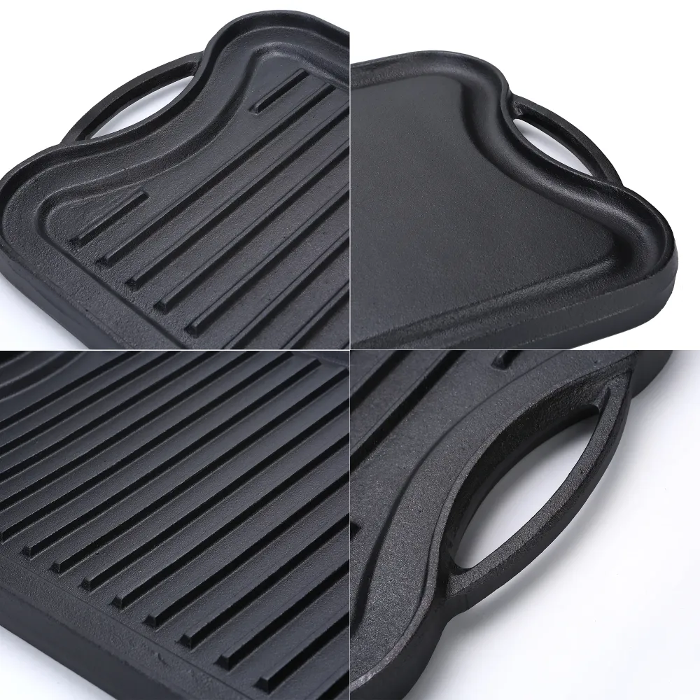 Støbejerns grillpande (20" x 10"/51 cm x 26 cm), vendbar, grill- og pandekombination, passer over to kogeplader