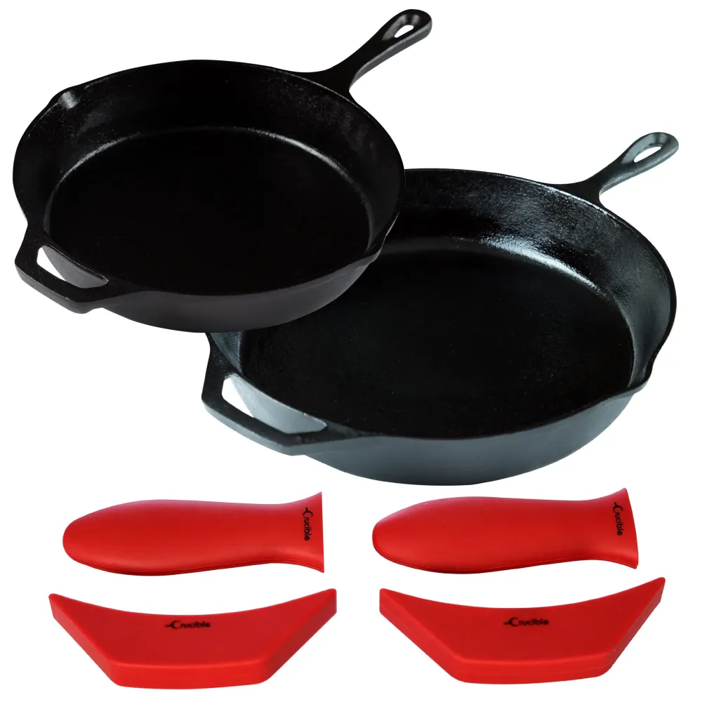 Støbejerns pande sæt 12-tommer (30,5 cm) & 10,25-tommer (26 cm), inklusive store & assisterende grydelapper