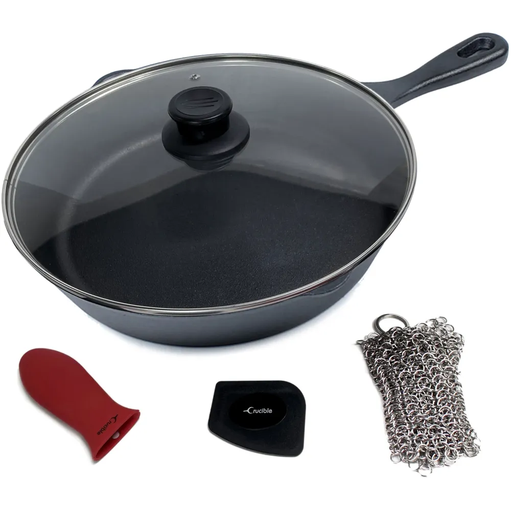 Støbejerns pande sæt (8-tommer/20cm), silikone grydelap, glas låg, støbejernsrenser, skraber