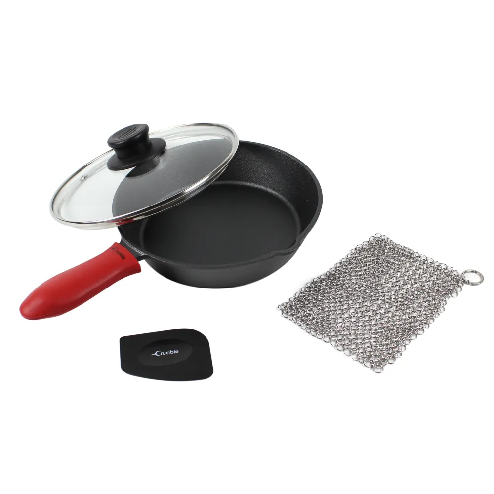 Støbejerns pande sæt (8-tommer/20cm), silikone grydelap, glas låg, støbejernsrenser, skraber