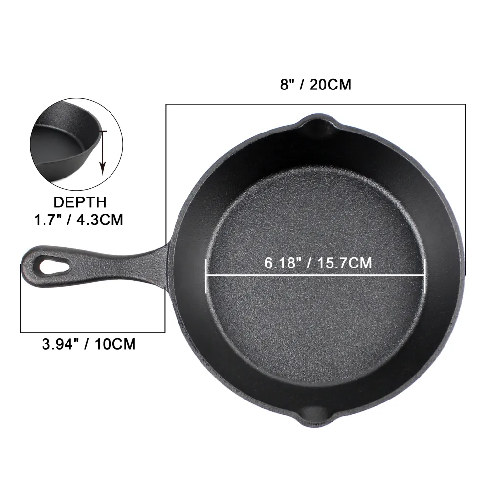 Støbejerns pande sæt (8-tommer/20cm), silikone grydelap, glas låg, støbejernsrenser, skraber