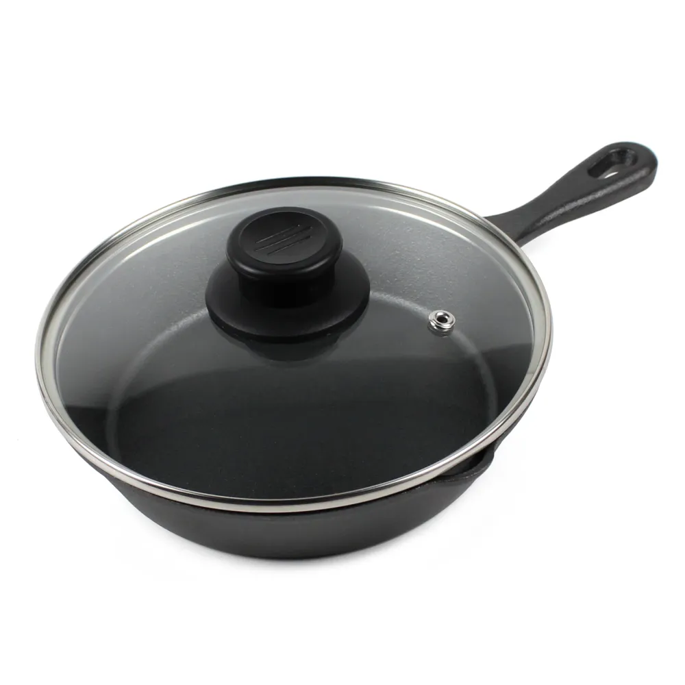 Støbejerns pande sæt (8-tommer/20cm), silikone grydelap, glas låg, støbejernsrenser, skraber