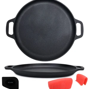 Støbejerns pizzapande 13.8"/35 cm, bagepande, madlavningsrist, silikonehåndtagsholdere og skraber