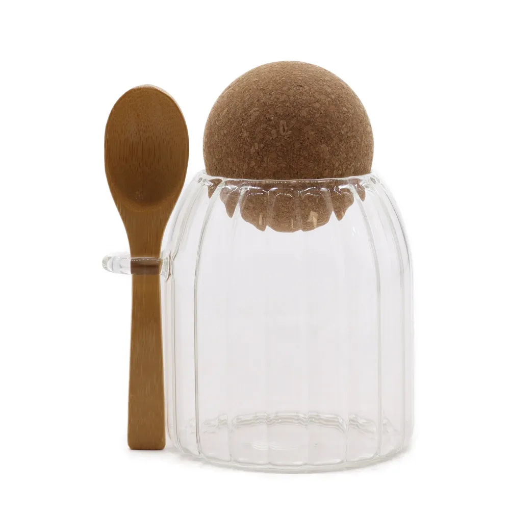 Glas- og bambuskrukke med ribber og ske 10cm