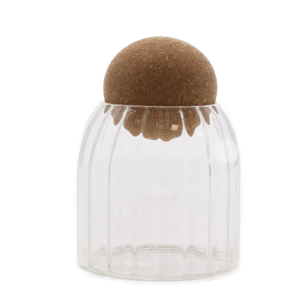 Glas krukke med riller og låg af korkkugle 10cm