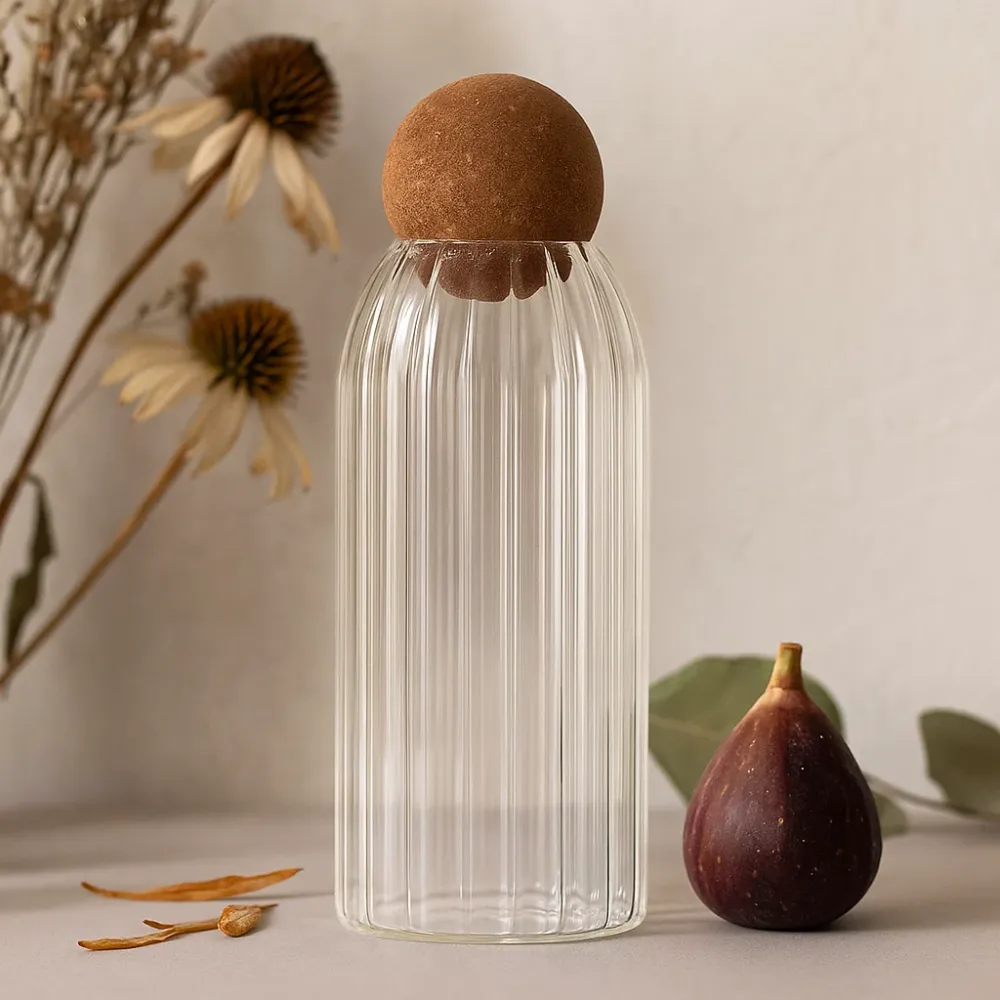 Glas Krukke Ribbet 20cm Med Kork Kugle Låg