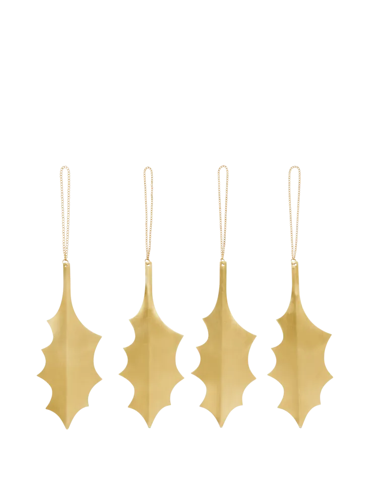 Holly Leaf Brass Ornaments - Set 4 - Brass