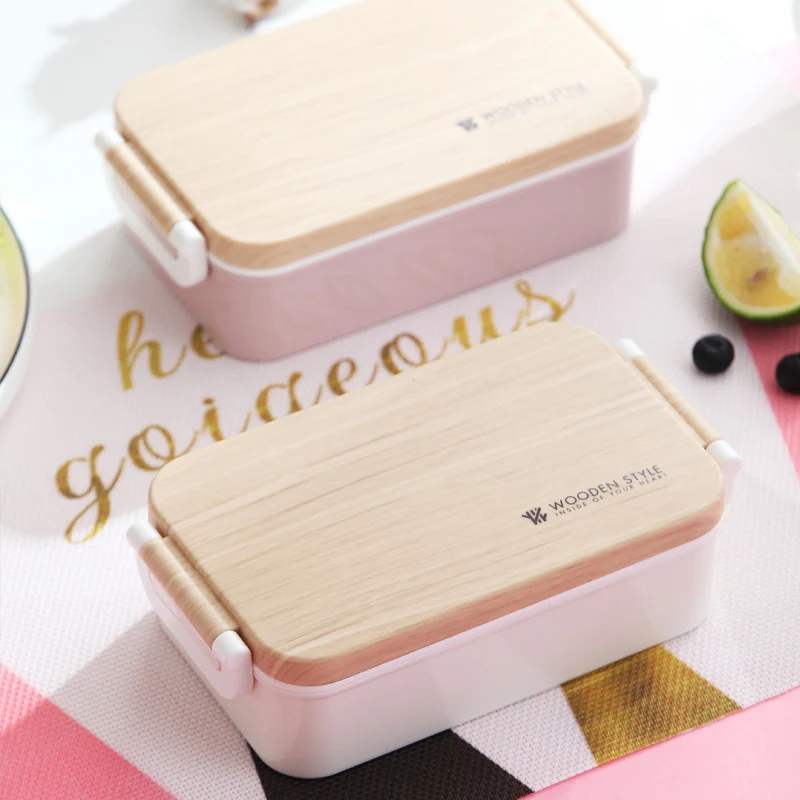 Wooden-Style Rectangular Lunch Box Pink