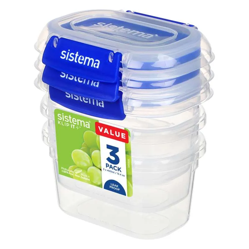 Sistema Madopbevaring - Klip It Plus - Rectangle - 3-Pak - 400ml - Blå