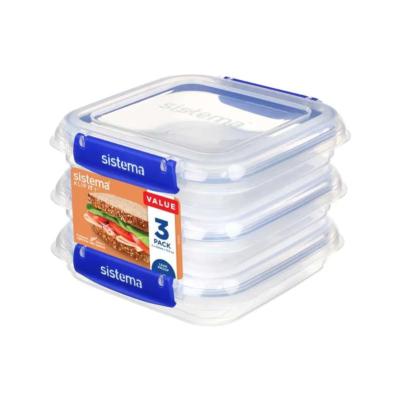 Sistema Madopbevaring - Klip It Plus - Square - 3-Pak - 520ml - Blå