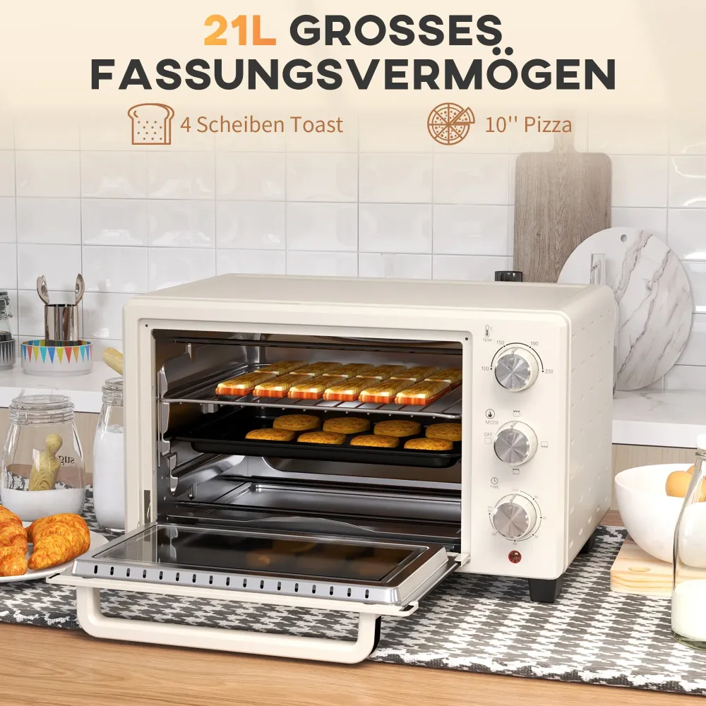 Miniovn, lille 21 l brødristerovn med 1 rist og 1 bageplade, 3 tilberedningstilstande, 100°c-230°c, rustfrit chromed, glas...