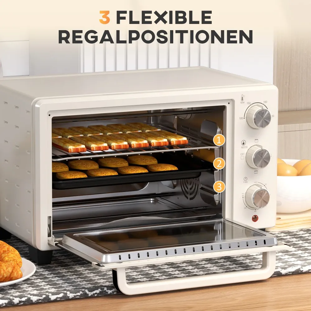 Miniovn, lille 21 l brødristerovn med 1 rist og 1 bageplade, 3 tilberedningstilstande, 100°c-230°c, rustfrit chromed, glas...
