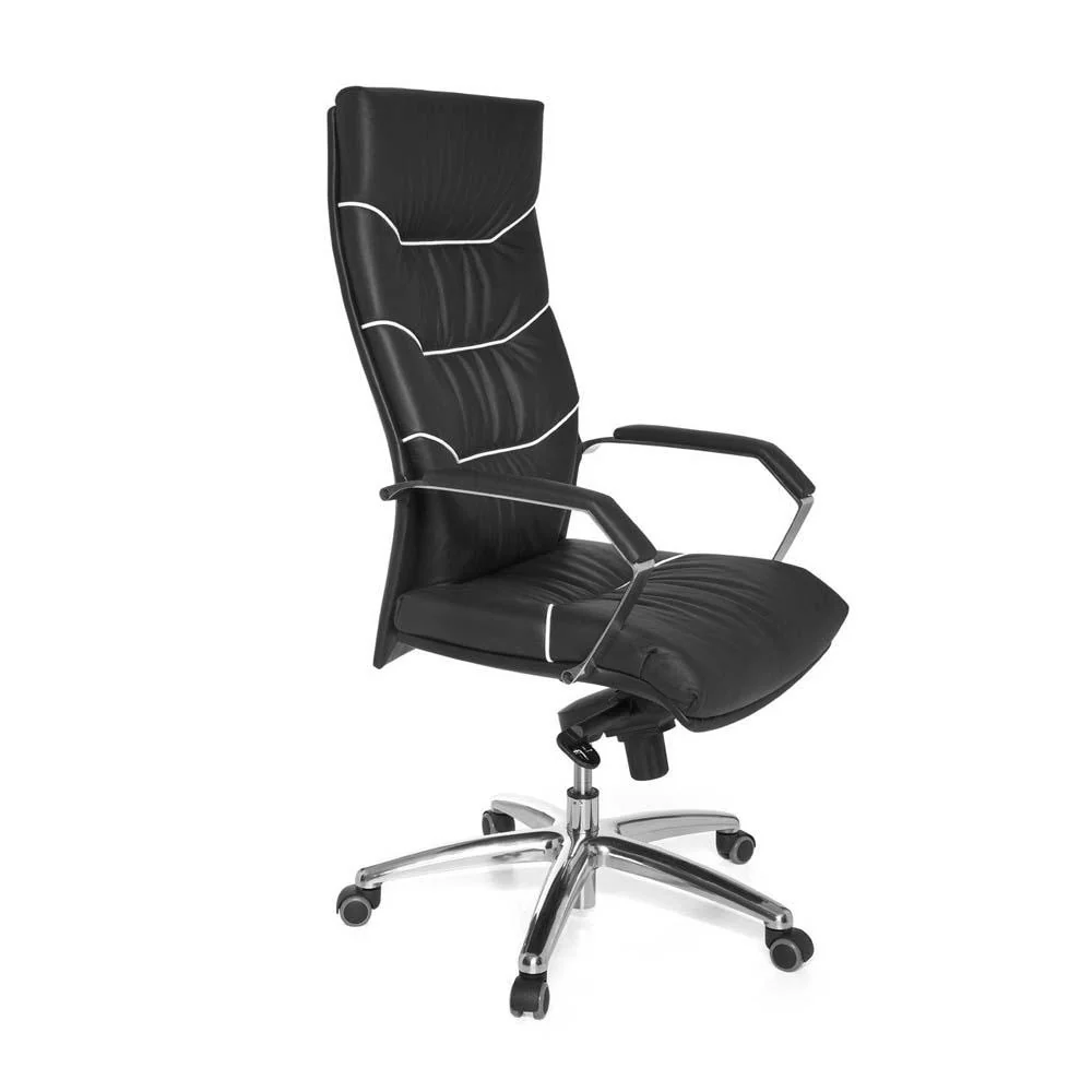 Designer kontorstol i ægte læder, hvide detajler, charcoal
