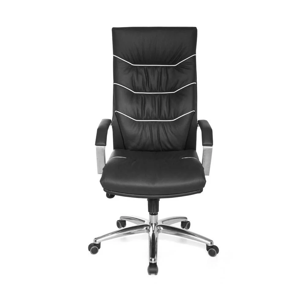 Designer kontorstol i ægte læder, hvide detajler, charcoal