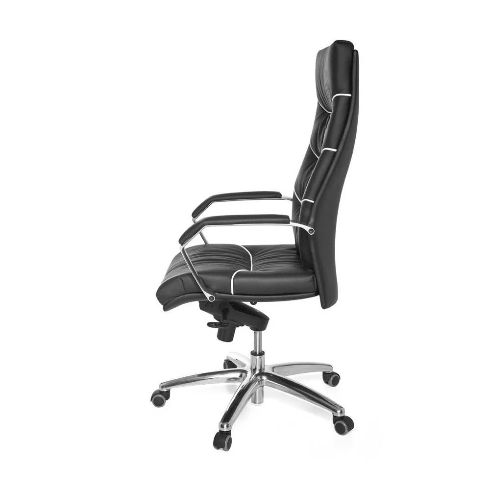 Designer kontorstol i ægte læder, hvide detajler, charcoal