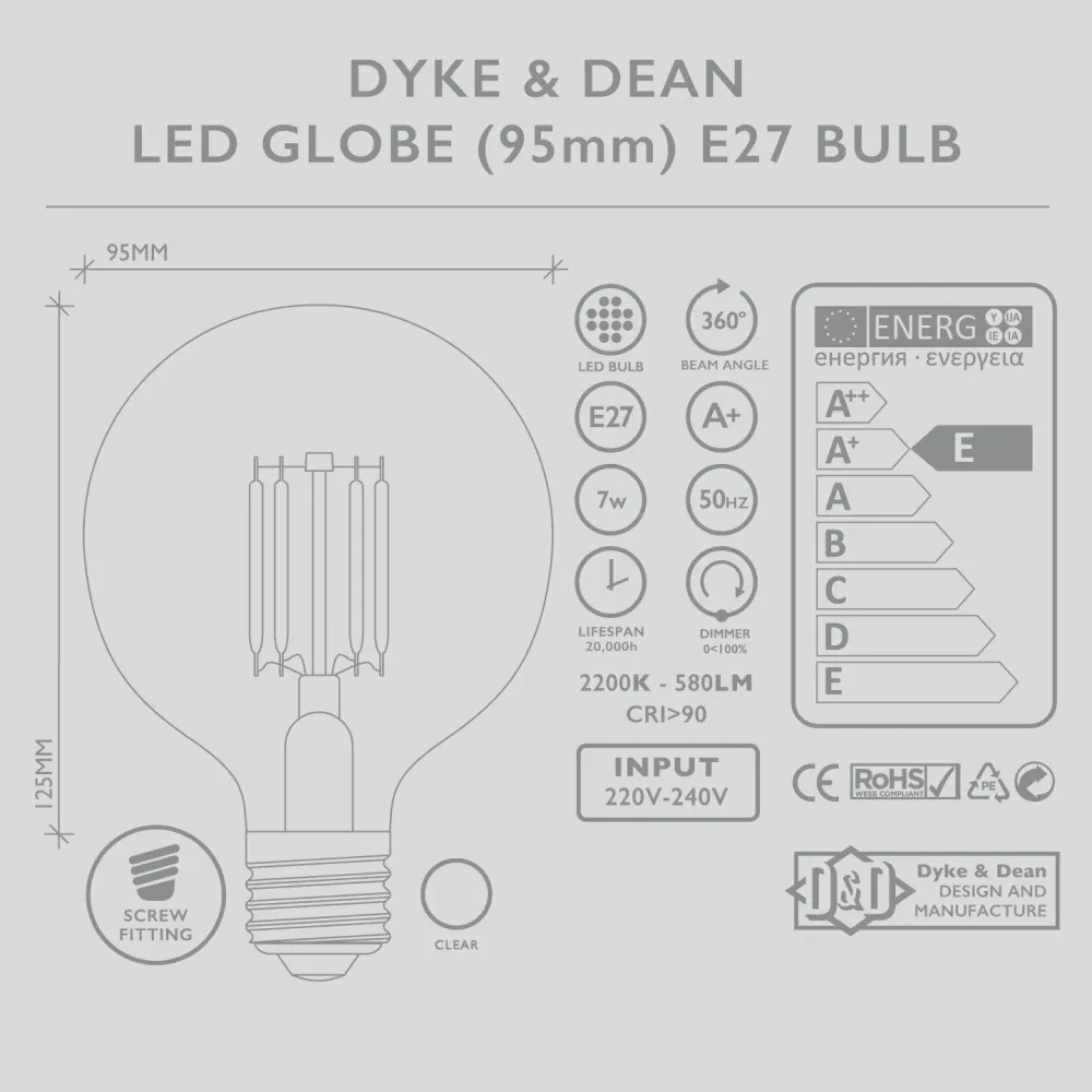 DYKE & DEAN LED GLOBE 95MM E27 Pære