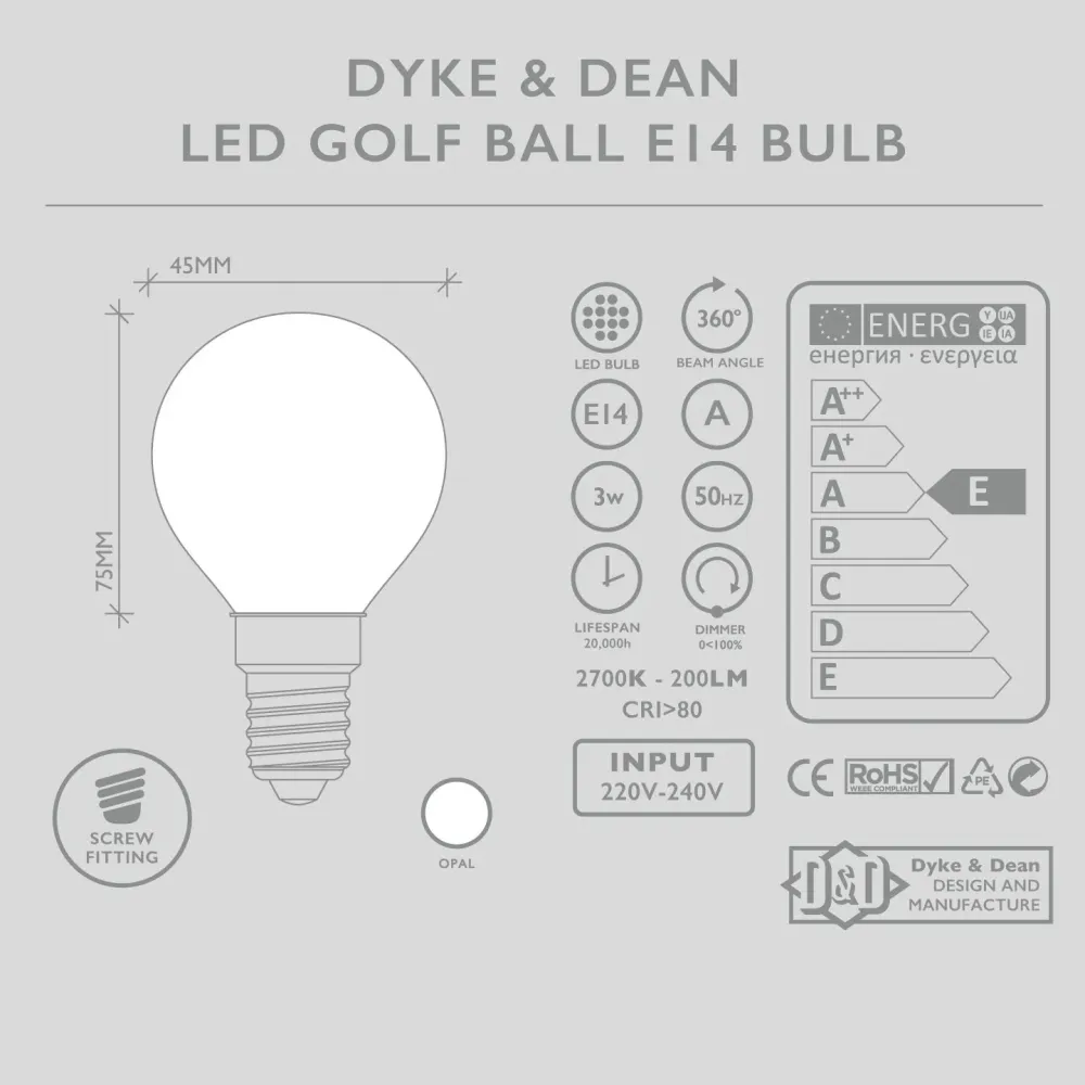 DYKE & DEAN LED GOLFKUGLE OPAL E14 Pære