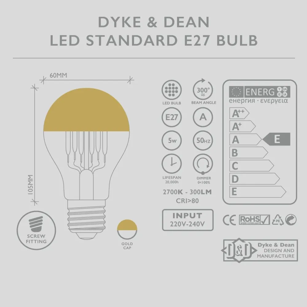 DYKE & DEAN LED GULD LÆGGET STANDARD E27 Pære