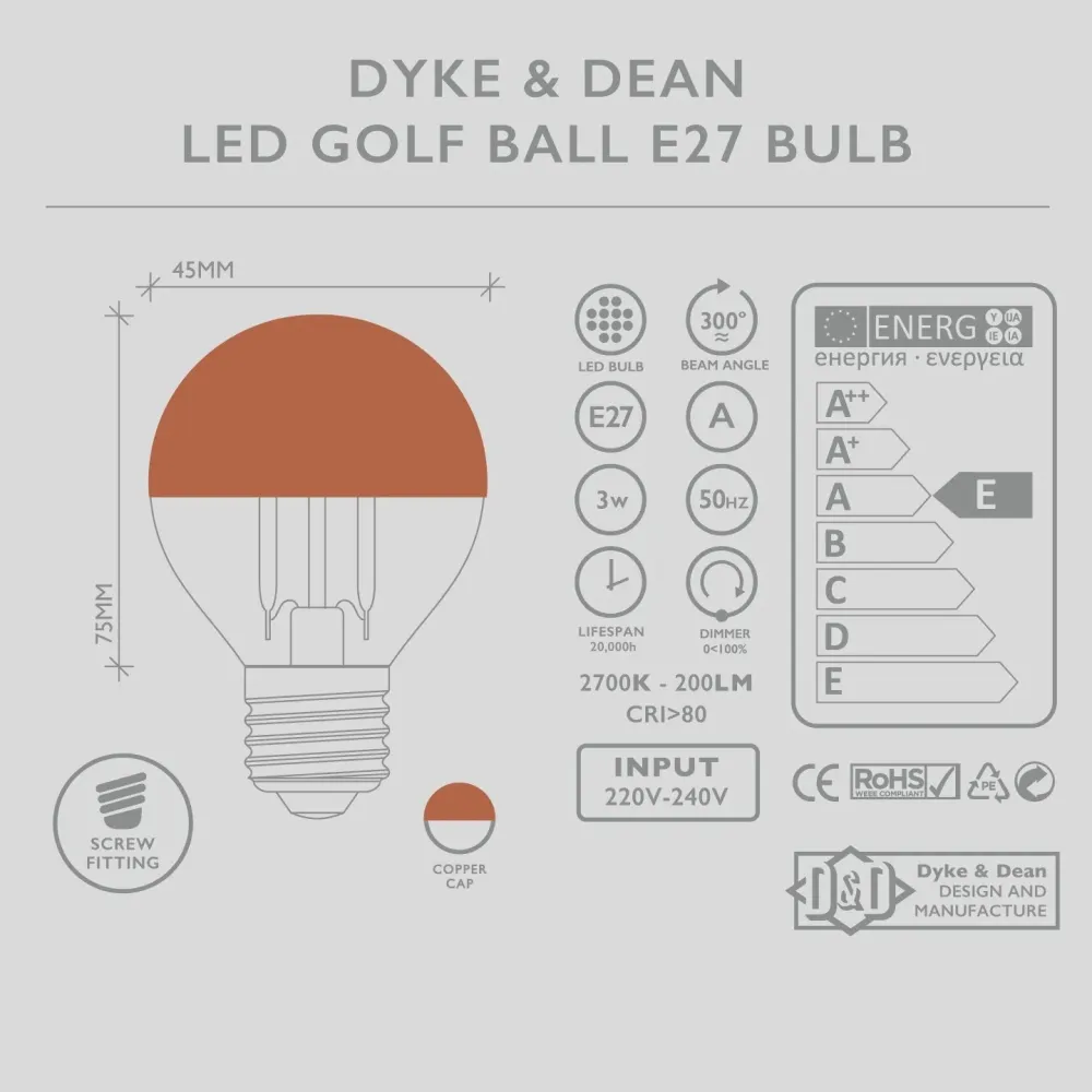 DYKE & DEAN LED KOBBERHÆT E27 GOLFKUGLEPÆRE