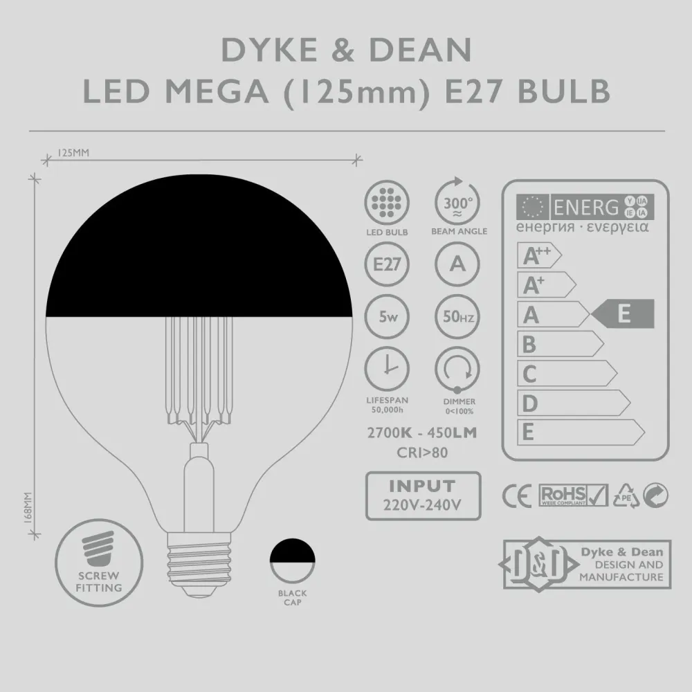 DYKE & DEAN LED SORT LÆGTE MEGA Pære E27