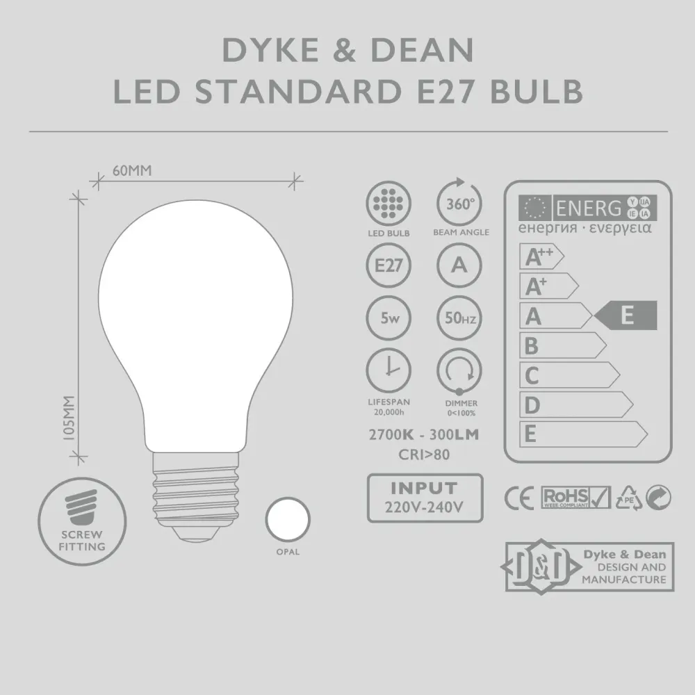 DYKE & DEAN LED STANDARD OPAL E27 Pære