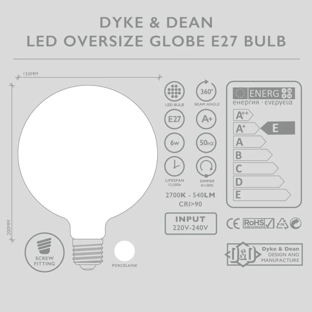 GLOBE OVERSIZE LED PORCELÆN E27 Pære DYKE & DEAN