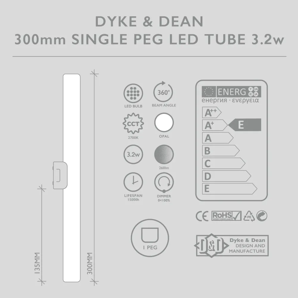 LED OPAL GLAS RØR PEG Pære 4,5W 300MM DYKE & DEAN